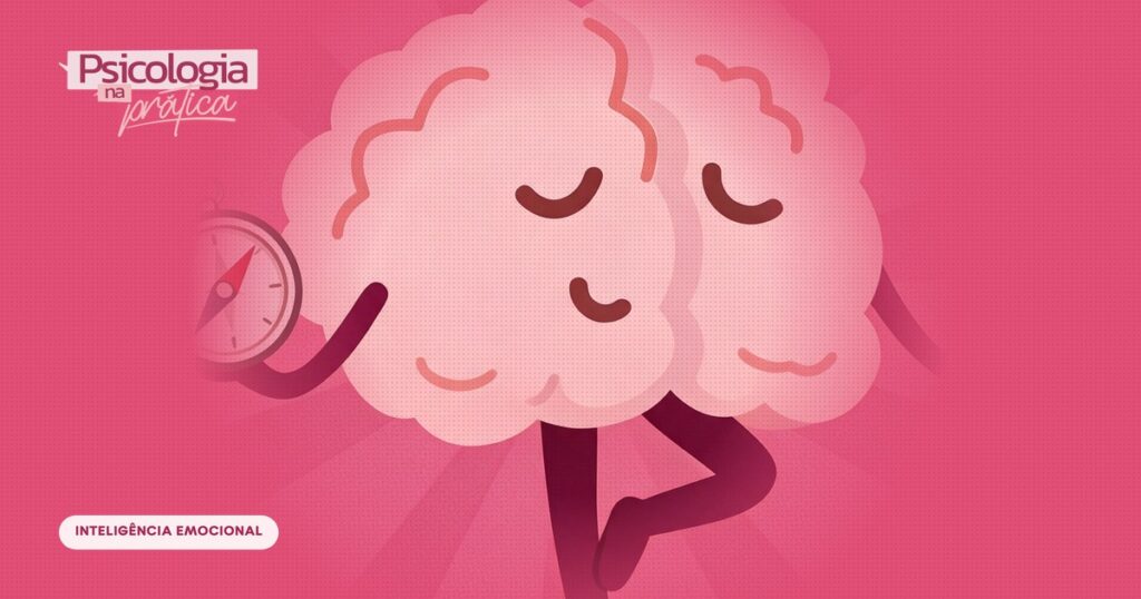 Mascote cérebro do podcast Psicologia na Prática equilibrado em uma perna, segurando uma bússola