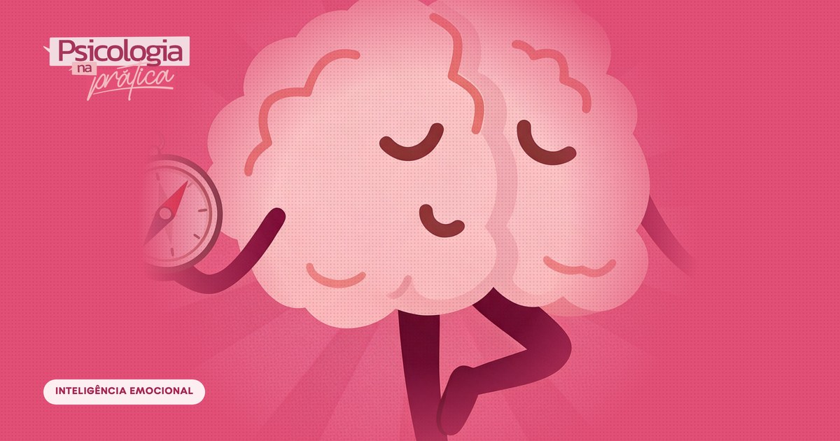 Mascote cérebro do podcast Psicologia na Prática equilibrado em uma perna, segurando uma bússola