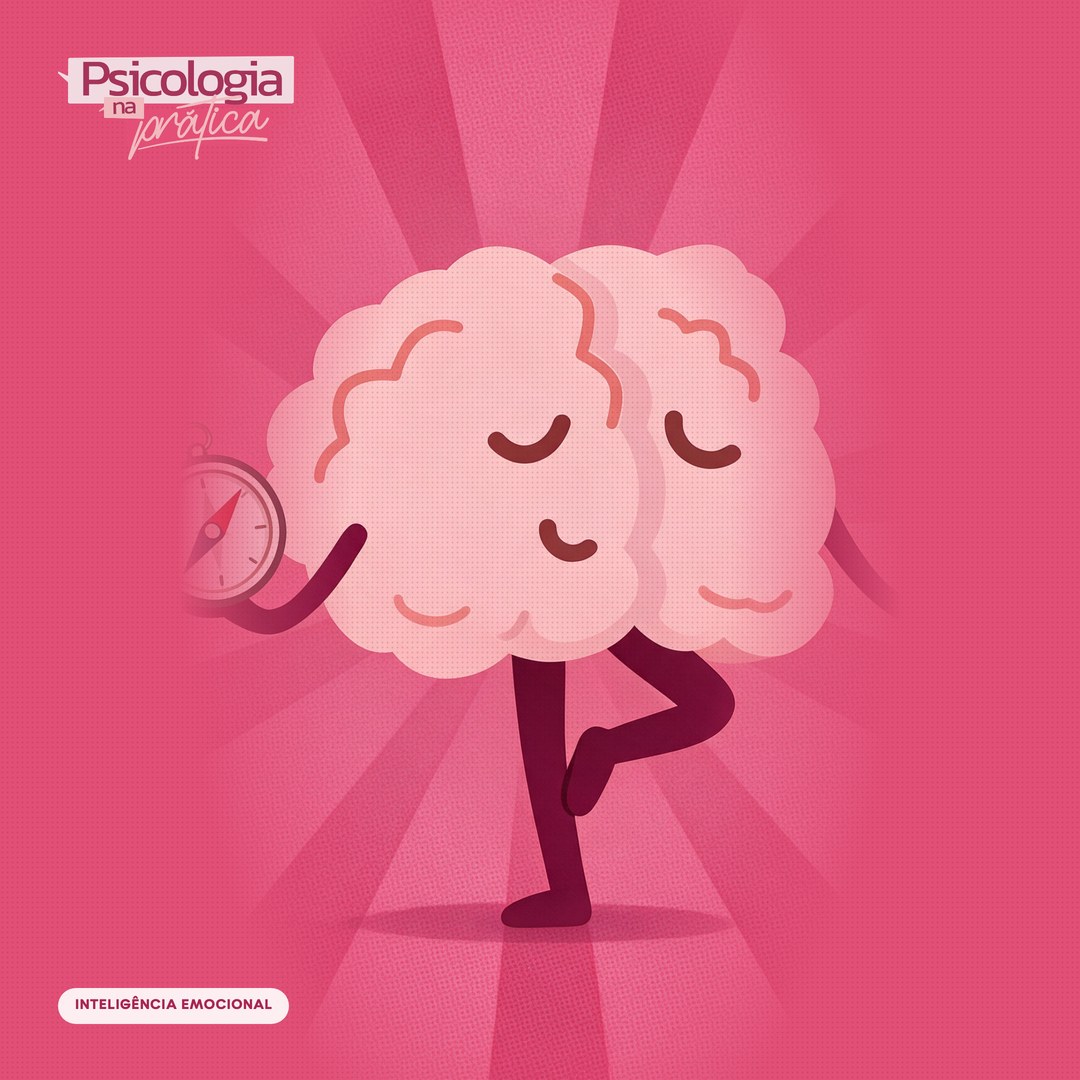 Mascote cérebro do podcast Psicologia na Prática equilibrado em uma perna, segurando uma bússola