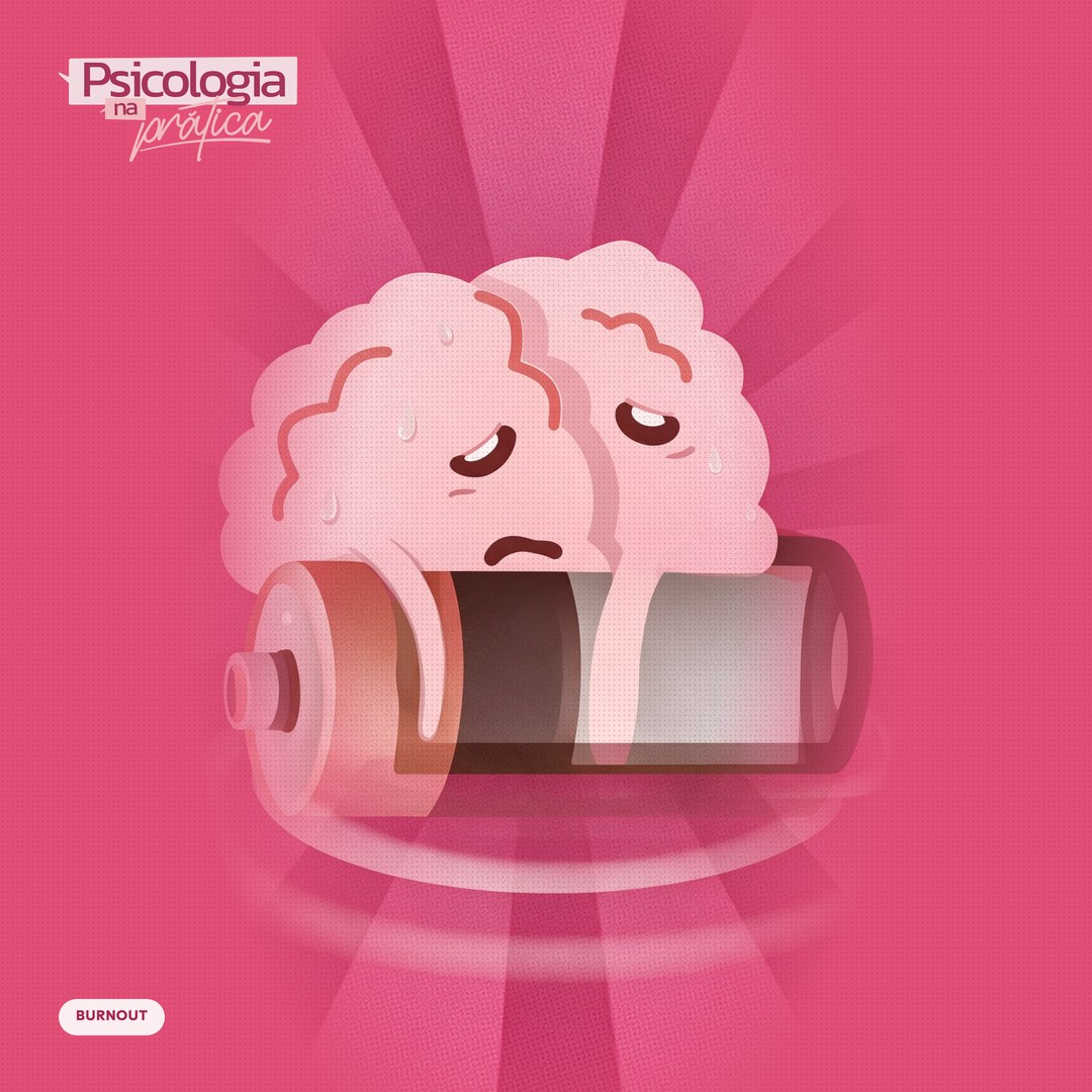Mascote cérebro do podcast Psicologia na Prática exausto sobre uma mesa de trabalho, com bateria descarregada ao lado