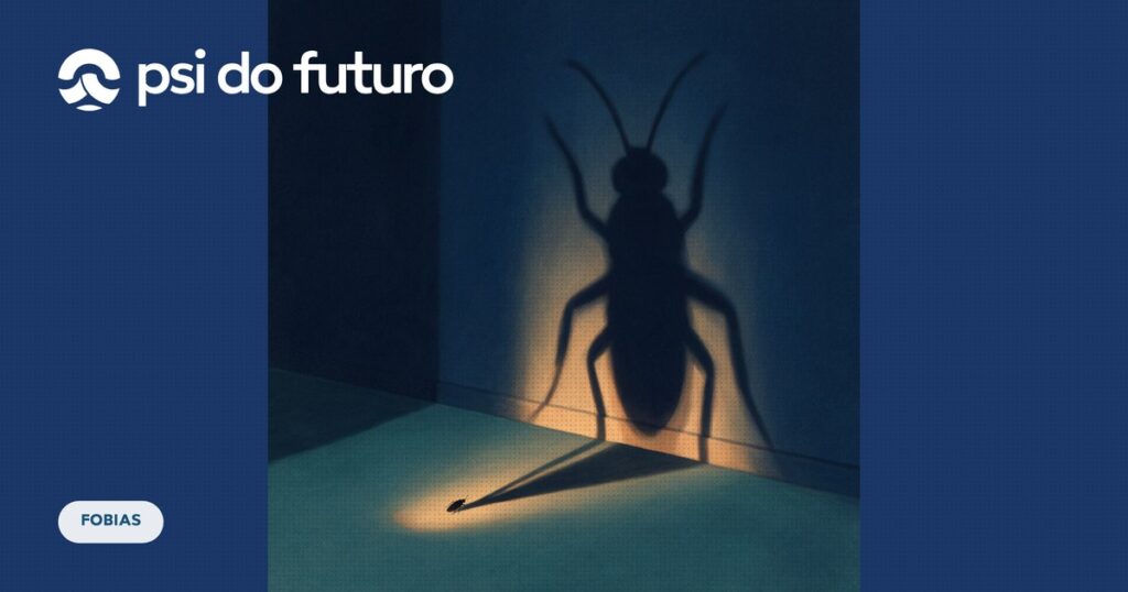 Ilustração de uma barata minúscula projetando uma sombra gigantesca na parede, representando a desproporção entre o medo e o objeto real