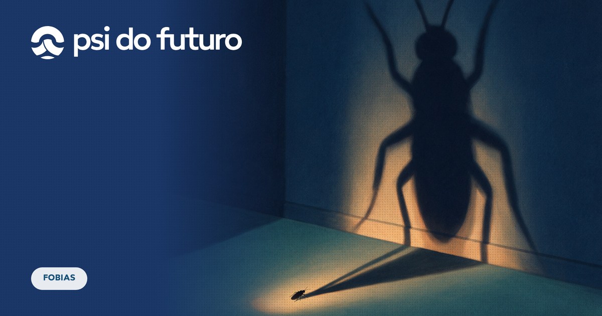 Ilustração de uma barata minúscula projetando uma sombra gigantesca na parede, representando a desproporção entre o medo e o objeto real
