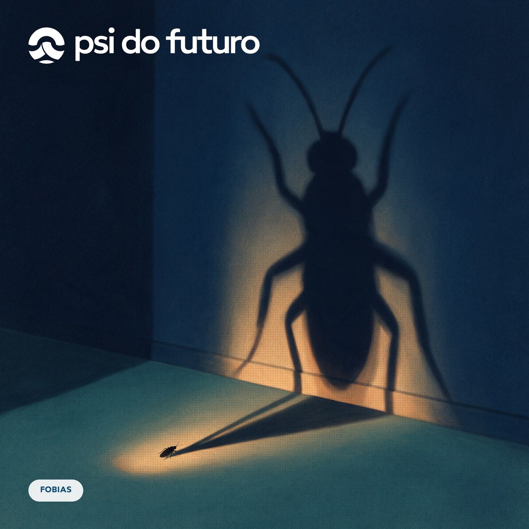 Ilustração de uma sombra enorme projetada por uma forma pequena, representando a diferença entre o medo e o objeto real