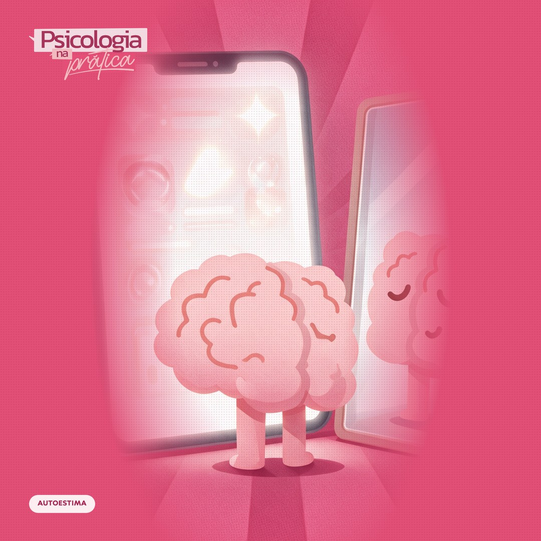Mascote cérebro do podcast Psicologia na Prática olhando para o próprio reflexo num espelho, de costas para um celular cheio de fotos perfeitas