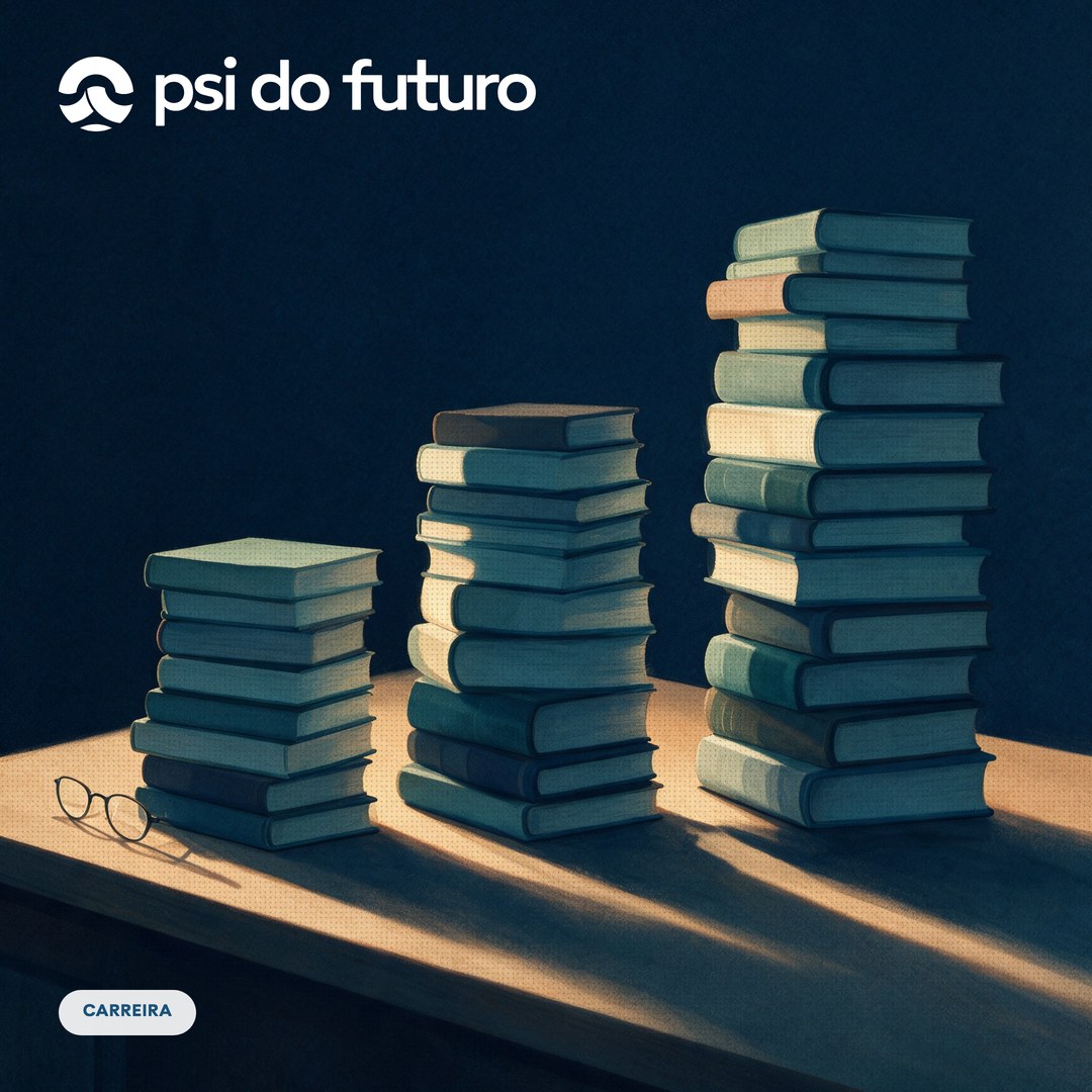 Três pilhas de livros de alturas crescentes sobre uma mesa de madeira, iluminadas pela luz de uma janela