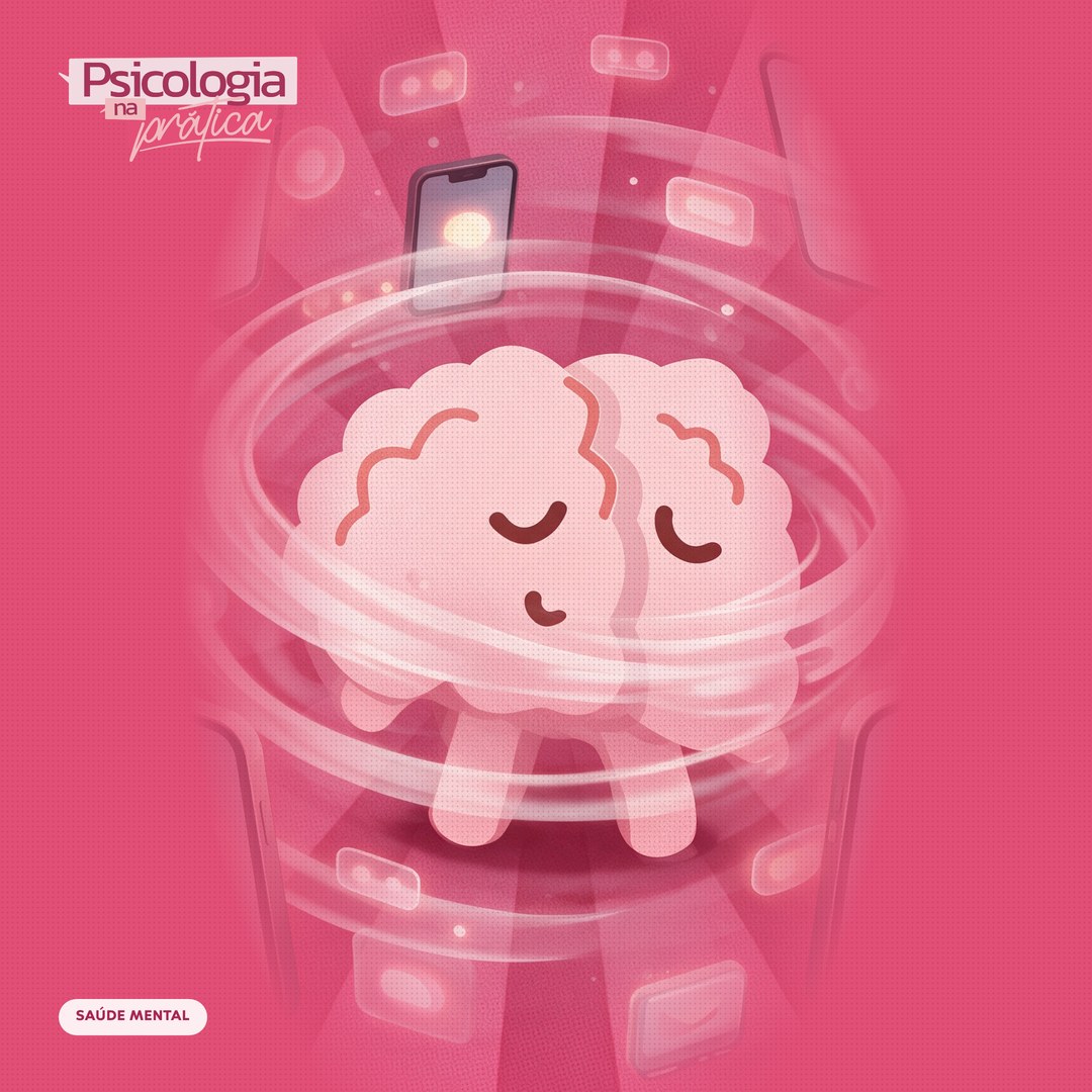 Mascote cérebro do podcast Psicologia na Prática cercado por telas de celular, notificações e ondas de informação
