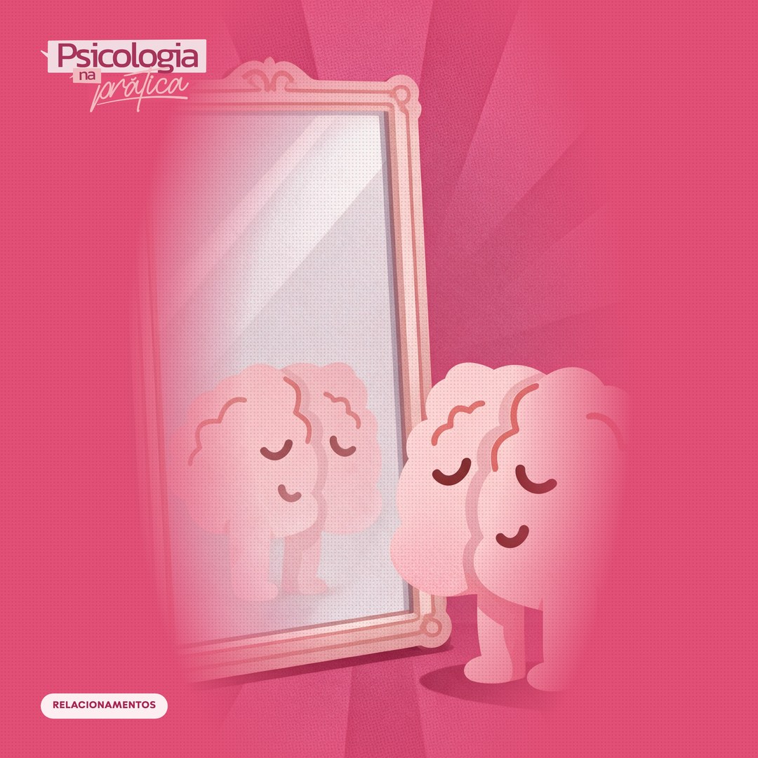 Mascote cérebro do podcast Psicologia na Prática se olhando num espelho e vendo um reflexo cada vez menor