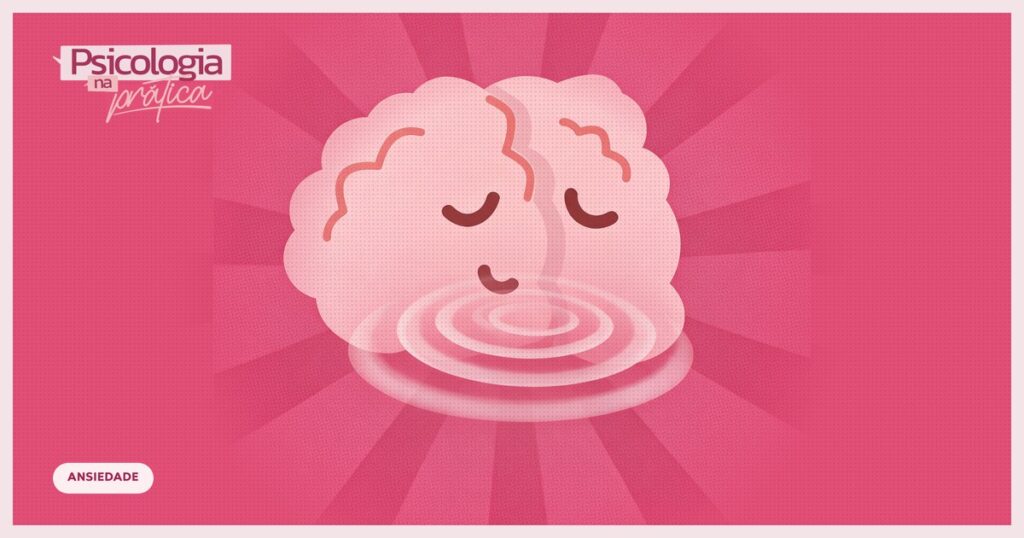 Ilustração do mascote cérebro do podcast Psicologia na Prática, de olhos fechados e com ondas de respiração ao redor, sobre fundo magenta com raios