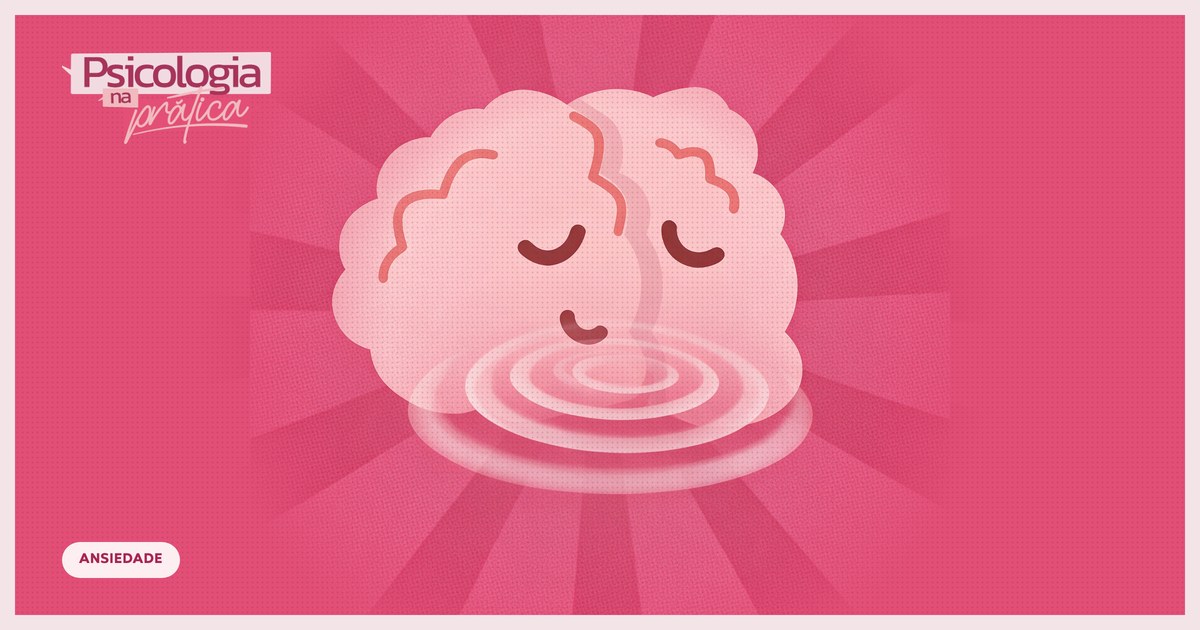 Ilustração do mascote cérebro do podcast Psicologia na Prática, de olhos fechados e com ondas de respiração ao redor, sobre fundo magenta com raios