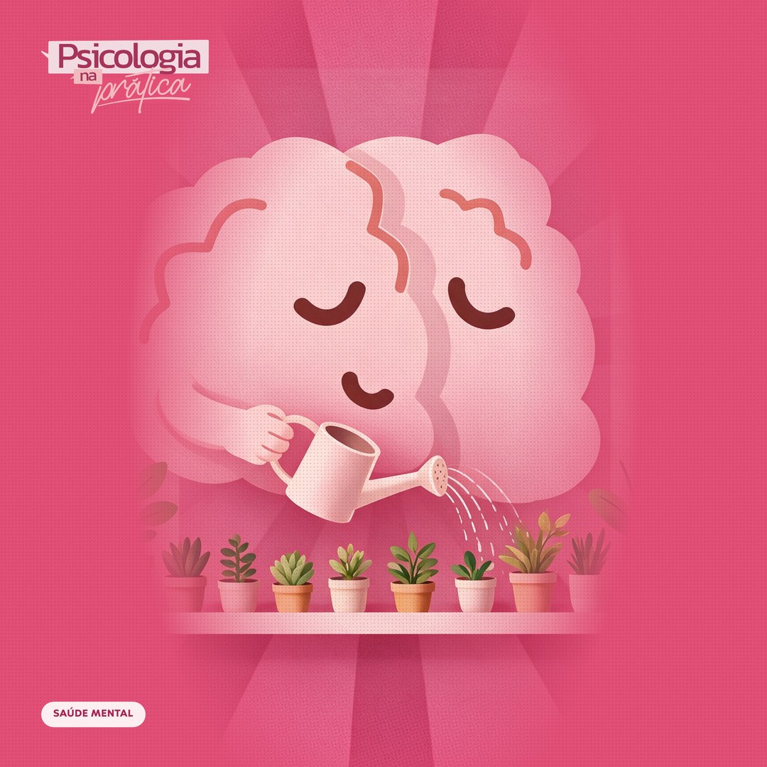 Mascote cérebro do podcast Psicologia na Prática cuidando de si em um ambiente acolhedor