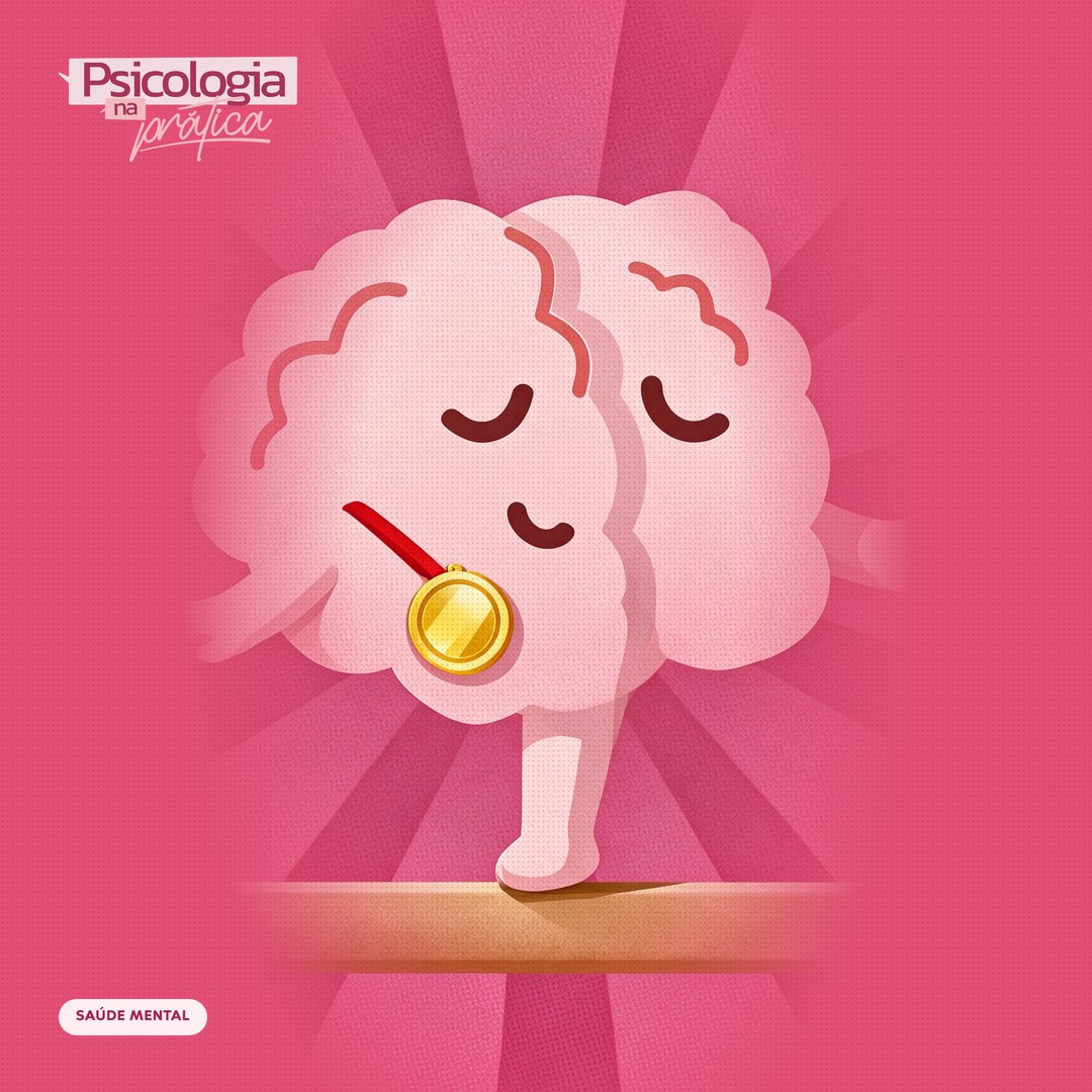 Mascote cérebro do podcast Psicologia na Prática equilibrado numa trave de ginástica, com uma medalha de ouro no peito