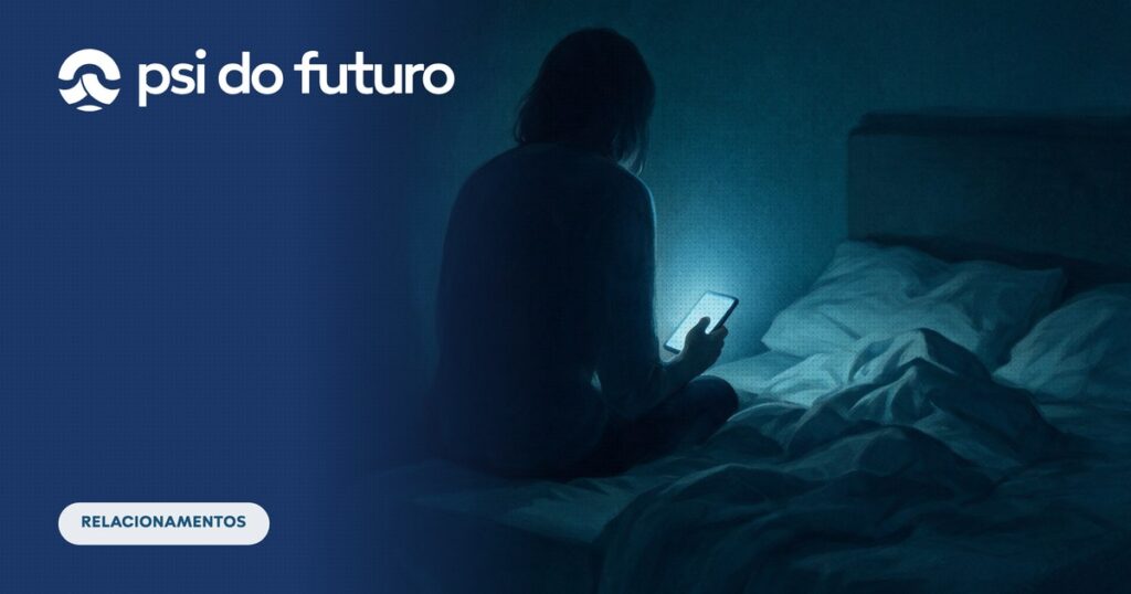 Silhueta de uma pessoa sentada na beira da cama no escuro, iluminada apenas pela tela do celular, com o outro lado da cama vazio