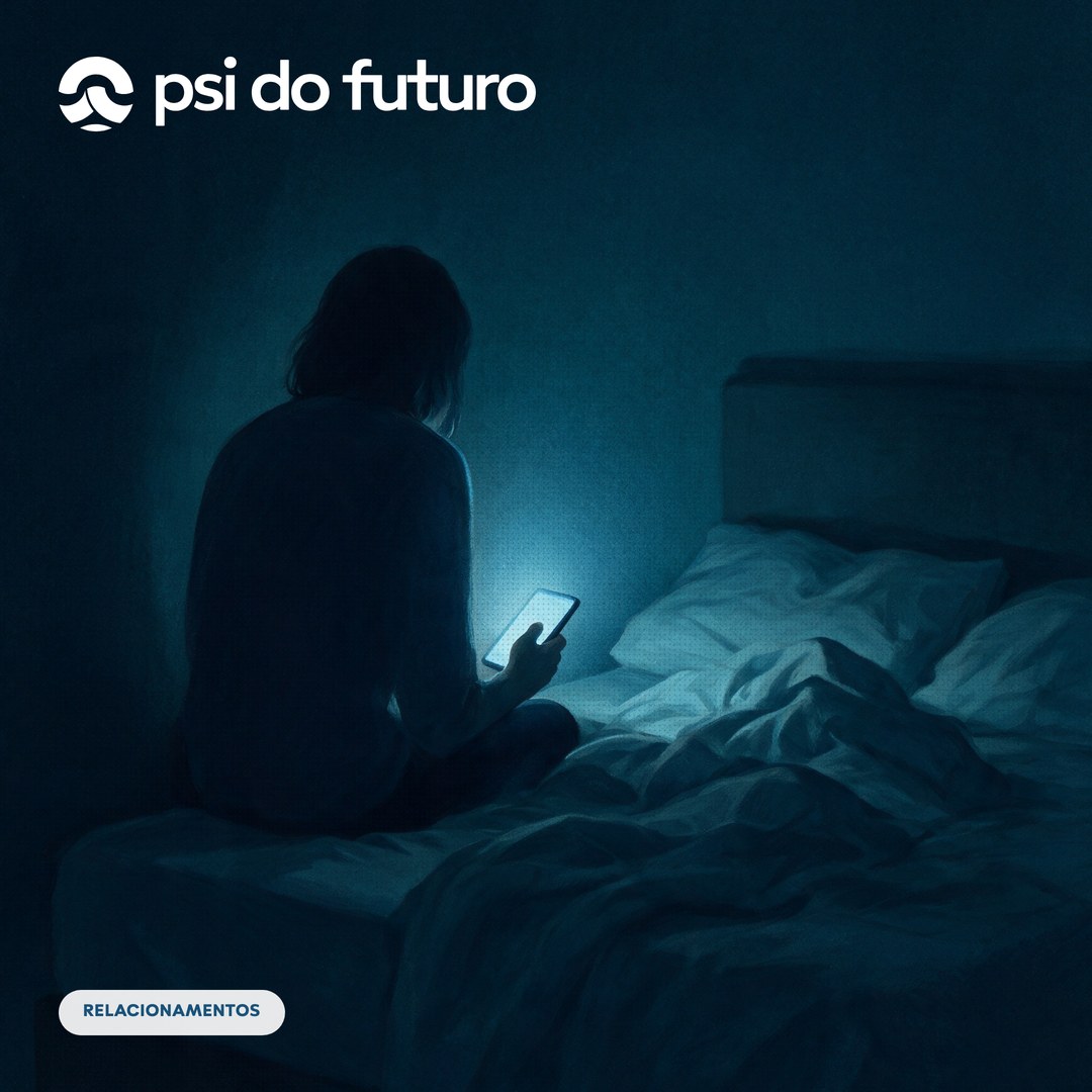 Silhueta de uma pessoa sentada na beira da cama no escuro, com o rosto iluminado pela luz azul da tela de um celular