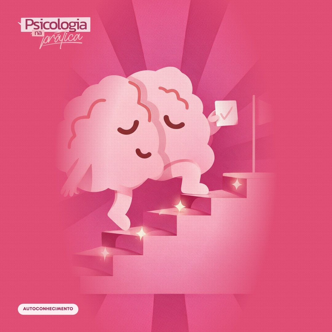 Mascote cérebro do podcast Psicologia na Prática subindo uma escada de degraus, com uma bandeira no topo