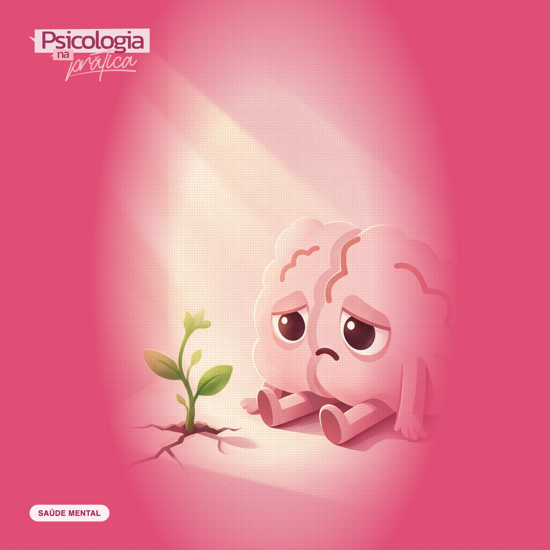 Mascote cérebro do podcast Psicologia na Prática sentado no chão, cansado, com uma pequena planta brotando ao lado e um raio de luz entrando pela janela