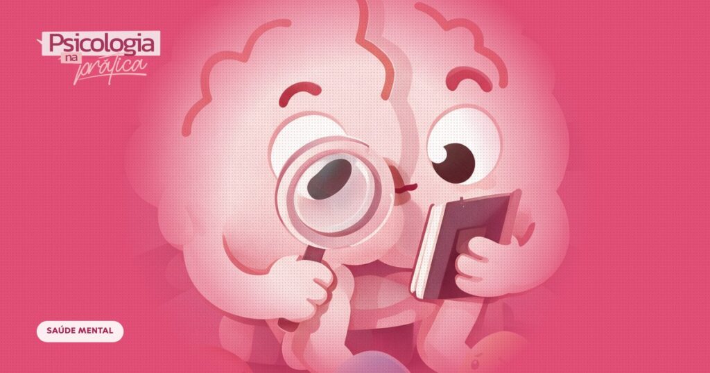 Mascote cérebro do podcast Psicologia na Prática observando com uma lupa três pequenas emoções: raiva, tristeza e ansiedade