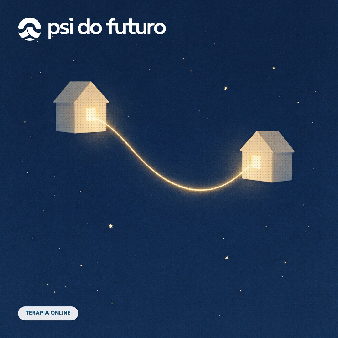 Ilustração de duas janelas acesas ligadas por um fio de luz atravessando a noite, representando a conexão da terapia online