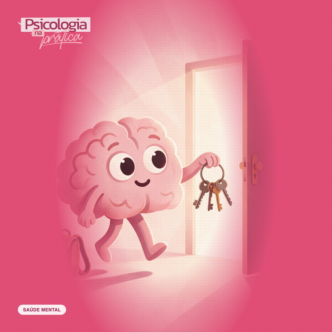 Mascote cérebro do podcast Psicologia na Prática segurando um molho com cinco chaves, diante de uma porta entreaberta por onde entra luz