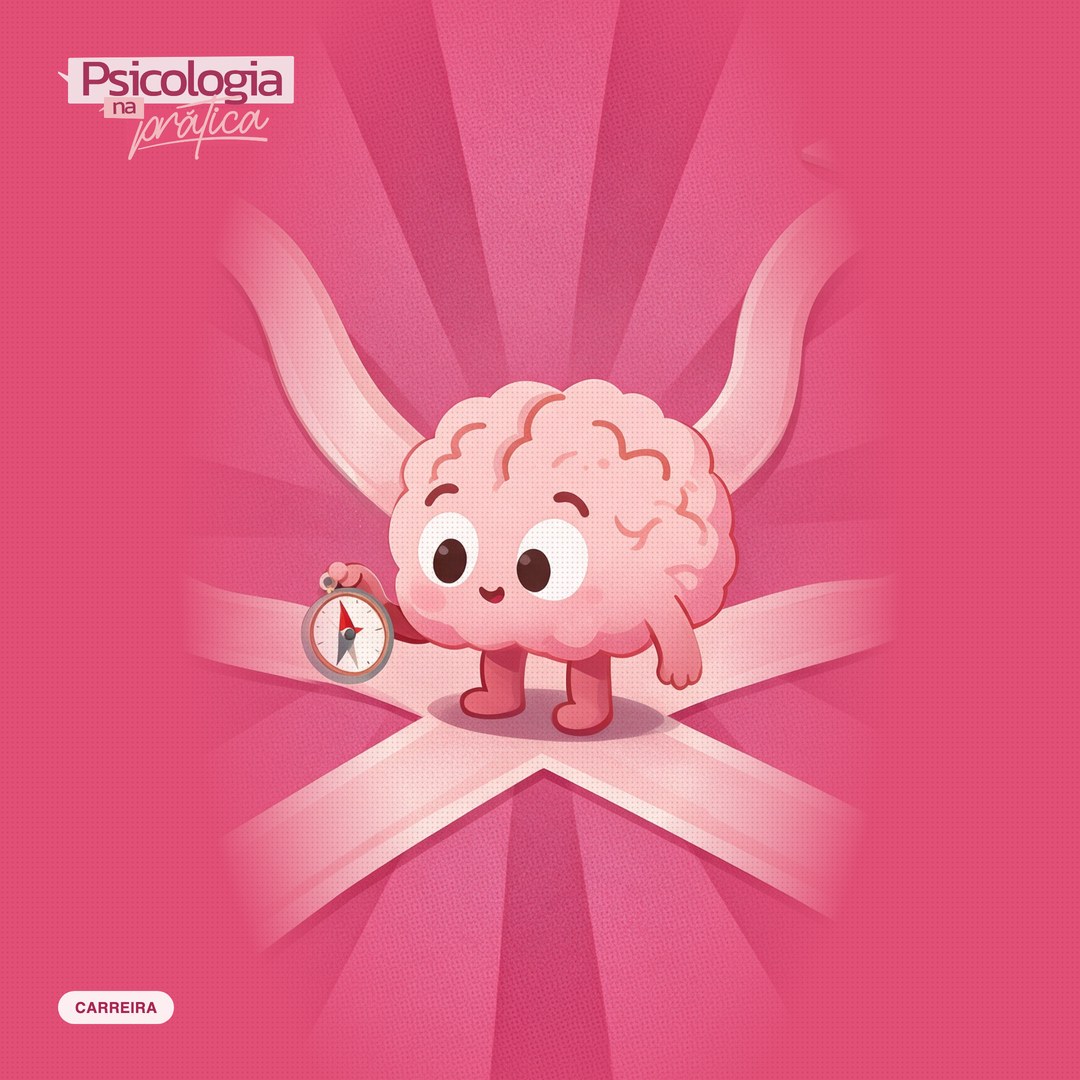 Ilustração do cérebro mascote do Psicologia na Prática segurando uma bússola numa encruzilhada, com caminhos que levam a ícones de profissões: paleta de pintura, notebook, estetoscópio, planta e megafone