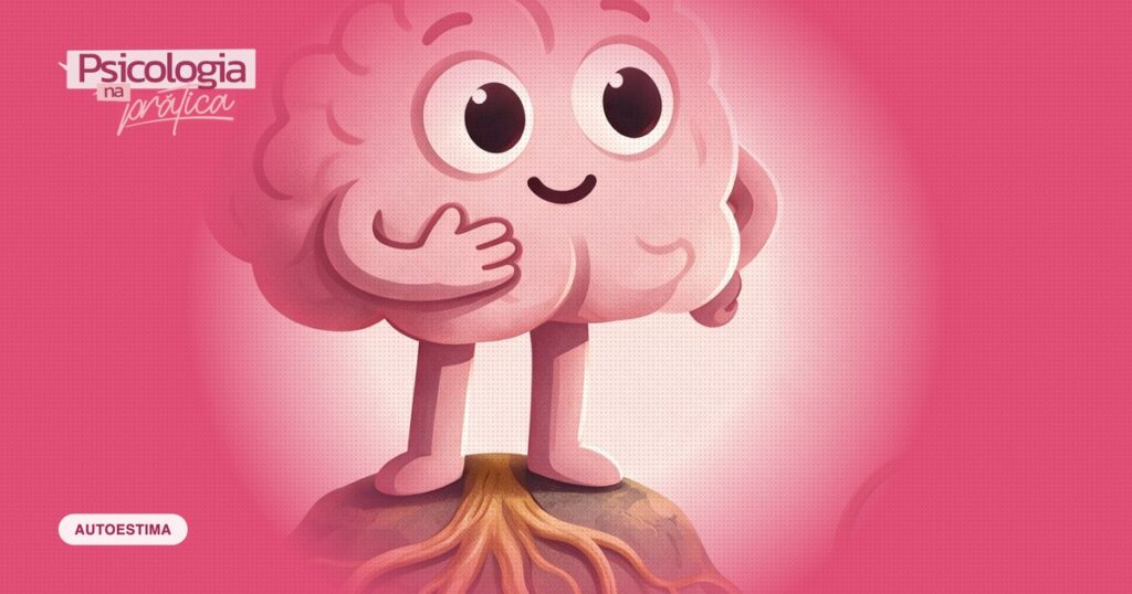Mascote cérebro do podcast Psicologia na Prática sobre uma rocha com raízes, ao lado de um espelho afundando na areia