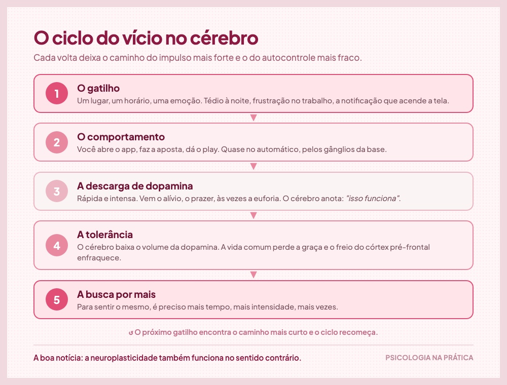 Diagrama do ciclo do vício: gatilho, comportamento, descarga de dopamina, tolerância e busca por mais