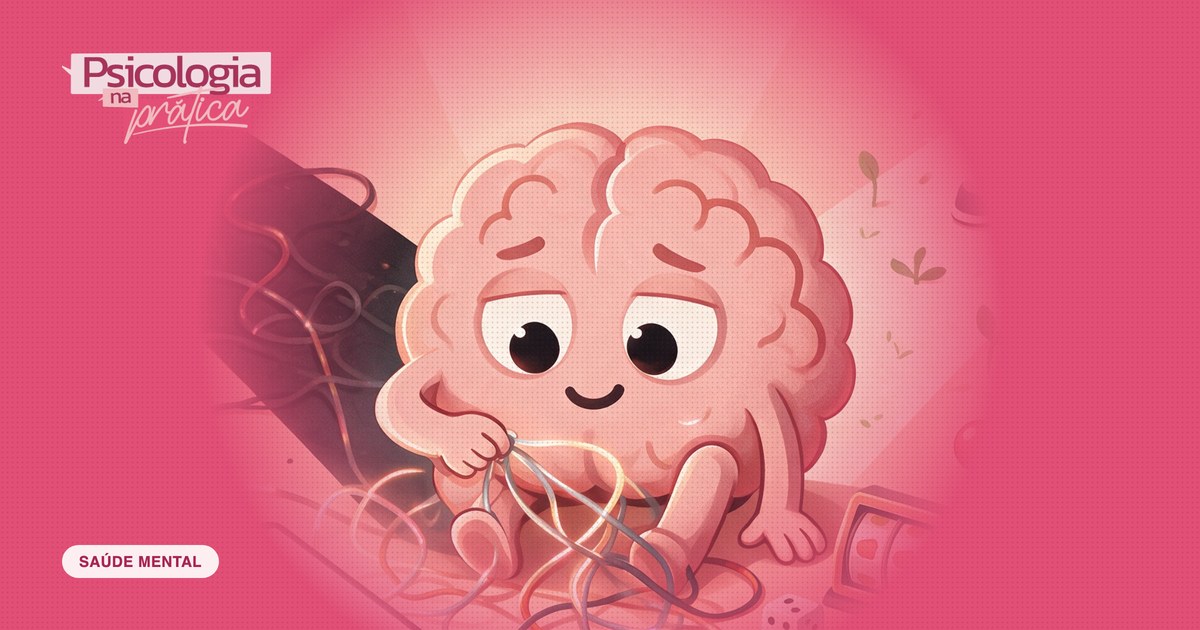 Mascote cérebro do podcast Psicologia na Prática se soltando dos fios de um celular e de um caça-níquel, diante de um caminho claro