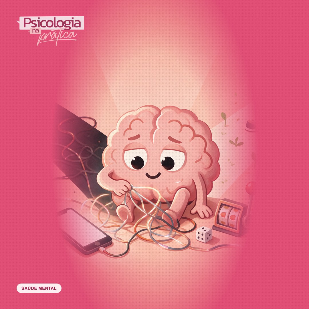 Mascote cérebro do podcast Psicologia na Prática preso a um celular por um fio, começando a se soltar