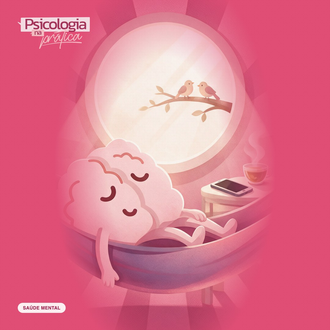 Mascote cérebro do podcast Psicologia na Prática deitado numa rede, de olhos fechados, com o celular virado para baixo numa mesinha ao lado