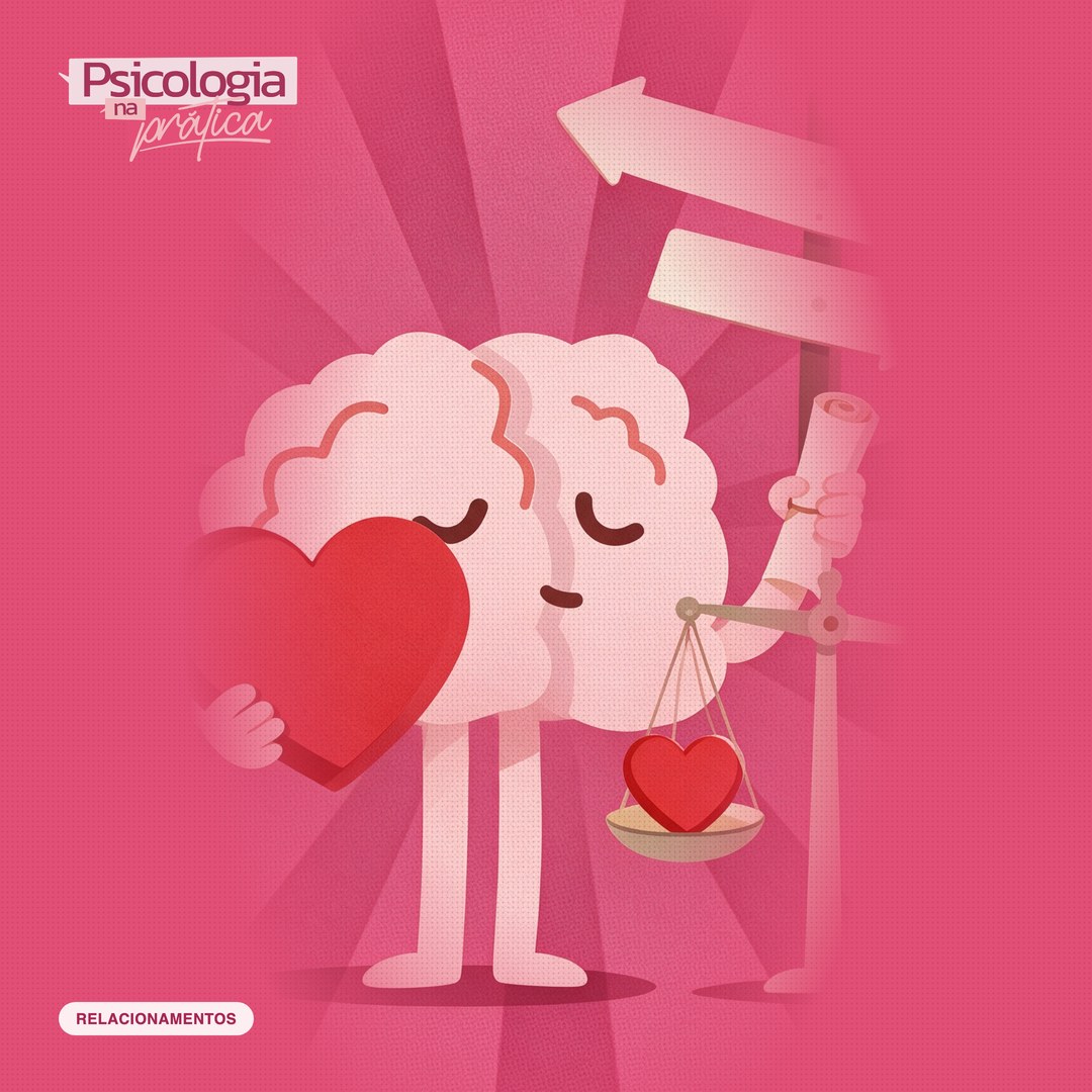 Mascote cérebro do podcast Psicologia na Prática segurando um coração e um pergaminho de acordo, ao lado de uma balança equilibrada e de uma placa de caminhos