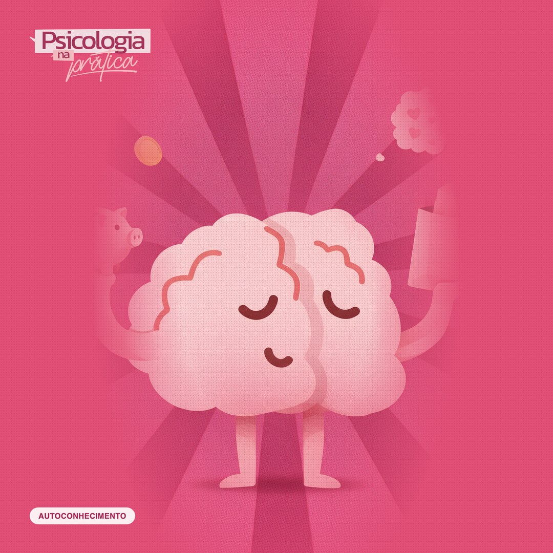 Mascote cérebro do podcast Psicologia na Prática segurando um cofrinho numa mão e uma sacola de compras na outra, pesando qual dos dois escolher