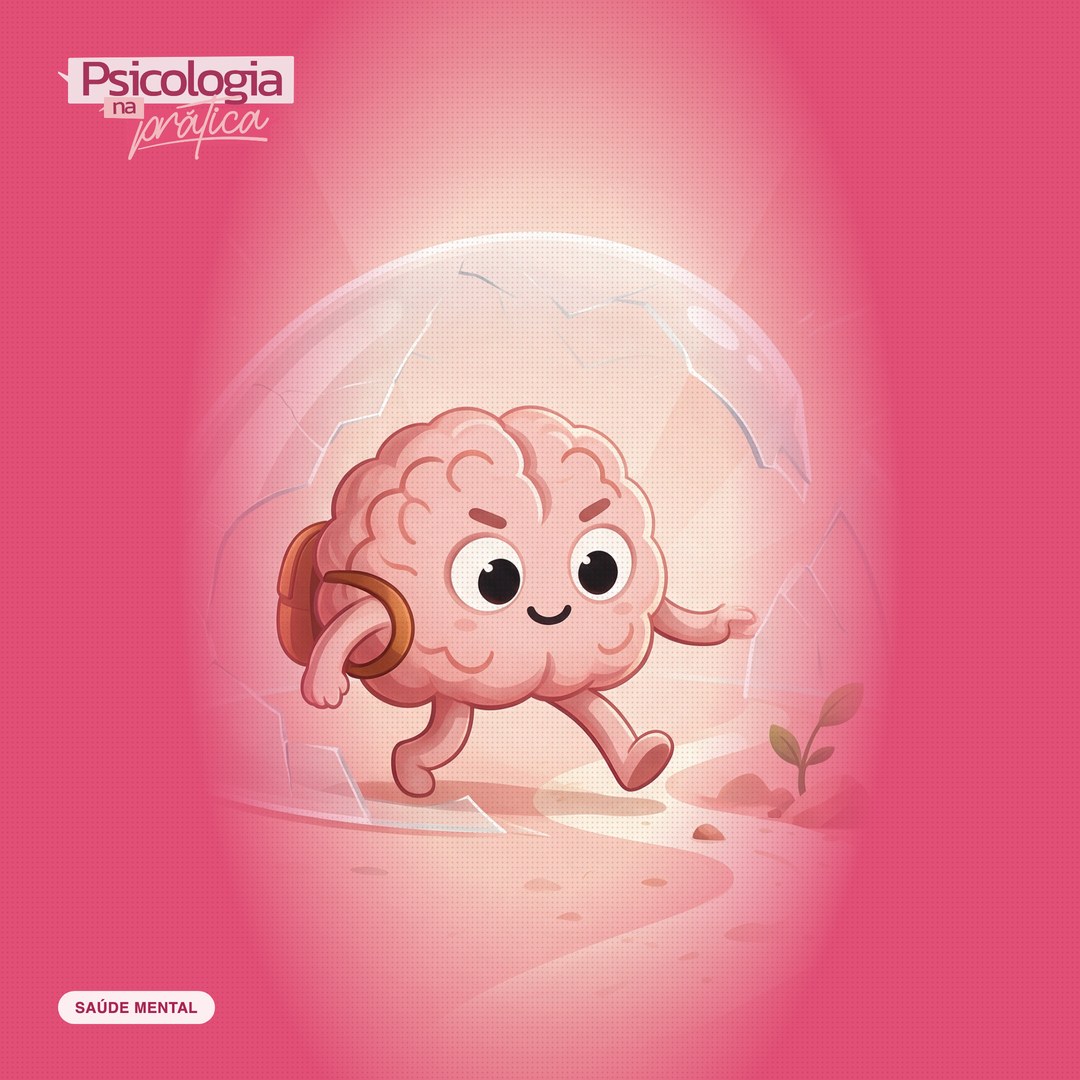Mascote cérebro do podcast Psicologia na Prática saindo de uma bolha de vidro rachada e caminhando por uma trilha com pedras