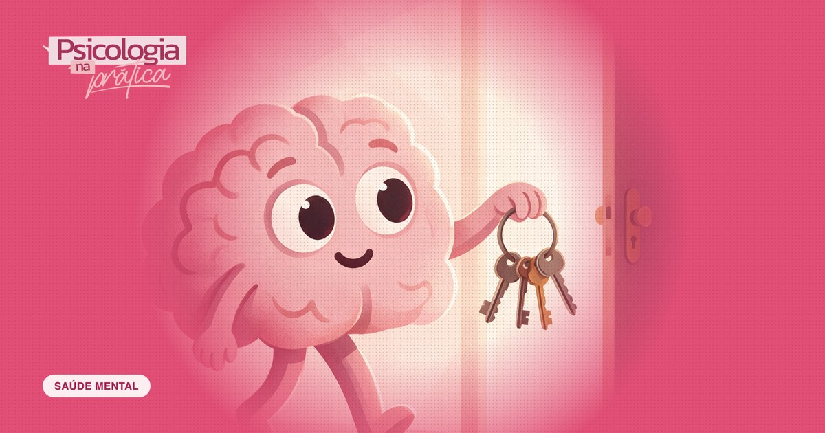 Mascote cérebro caminhando leve com um chaveiro de cinco chaves em direção a uma porta iluminada, deixando a mochila pesada para trás